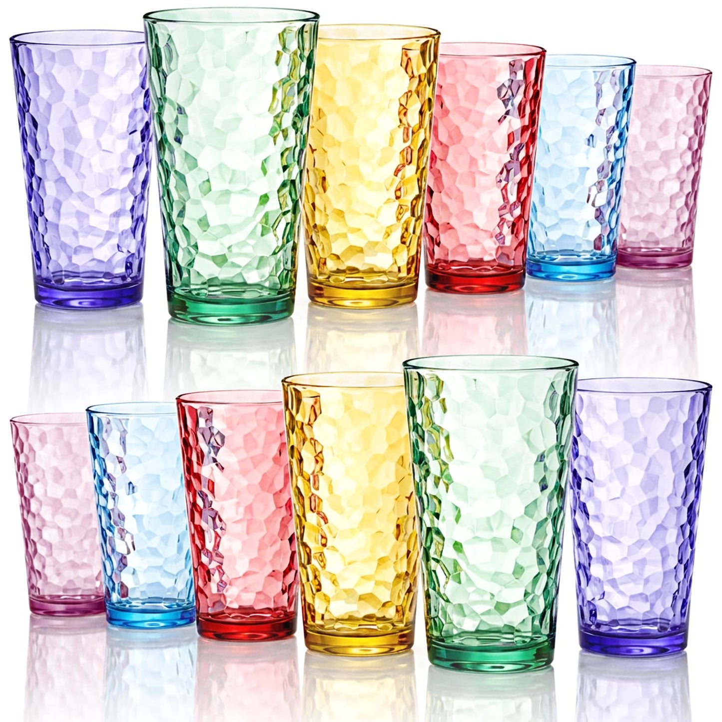 Bravario Hammered Plastic Drinking Tumbler, Dishwasher-Safe Premium Quality Water Glasses, BPA-Free Reusable Mixed Colors Assorted Stackable Cups, 22 oz Set of 6