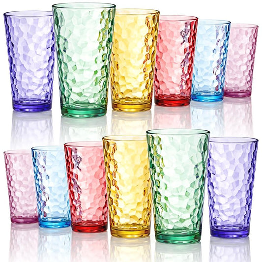 Bravario Hammered Plastic Drinking Tumbler, Dishwasher-Safe Premium Quality Water Glasses, BPA-Free Reusable Mixed Colors Assorted Stackable Cups, 22 oz Set of 6