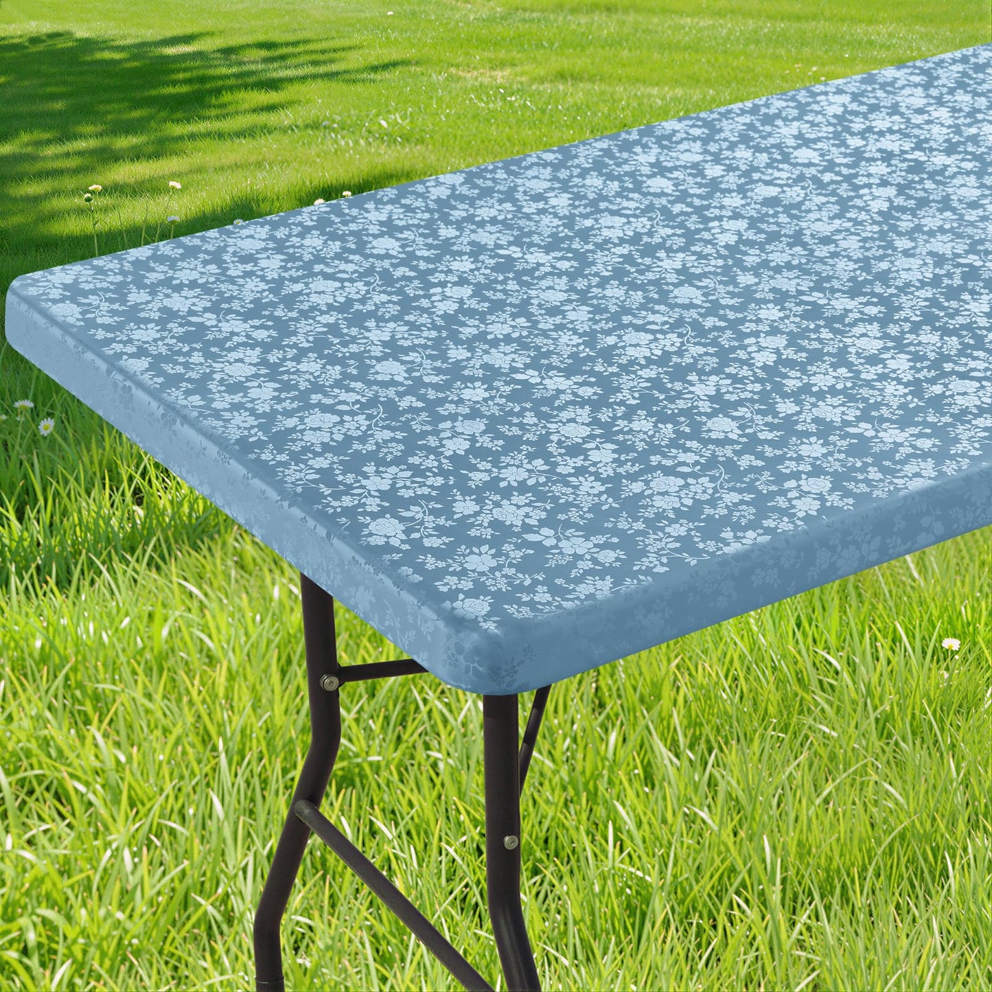 Smiry Rectangle Picnic Table Cloth, Elastic Waterproof Fitted Heavy Duty Vinyl Tablecloths, Wipeable Washable Table Covers for Kitchen, Dining, Camping, Outdoor (Stone Blue,30" X 72")