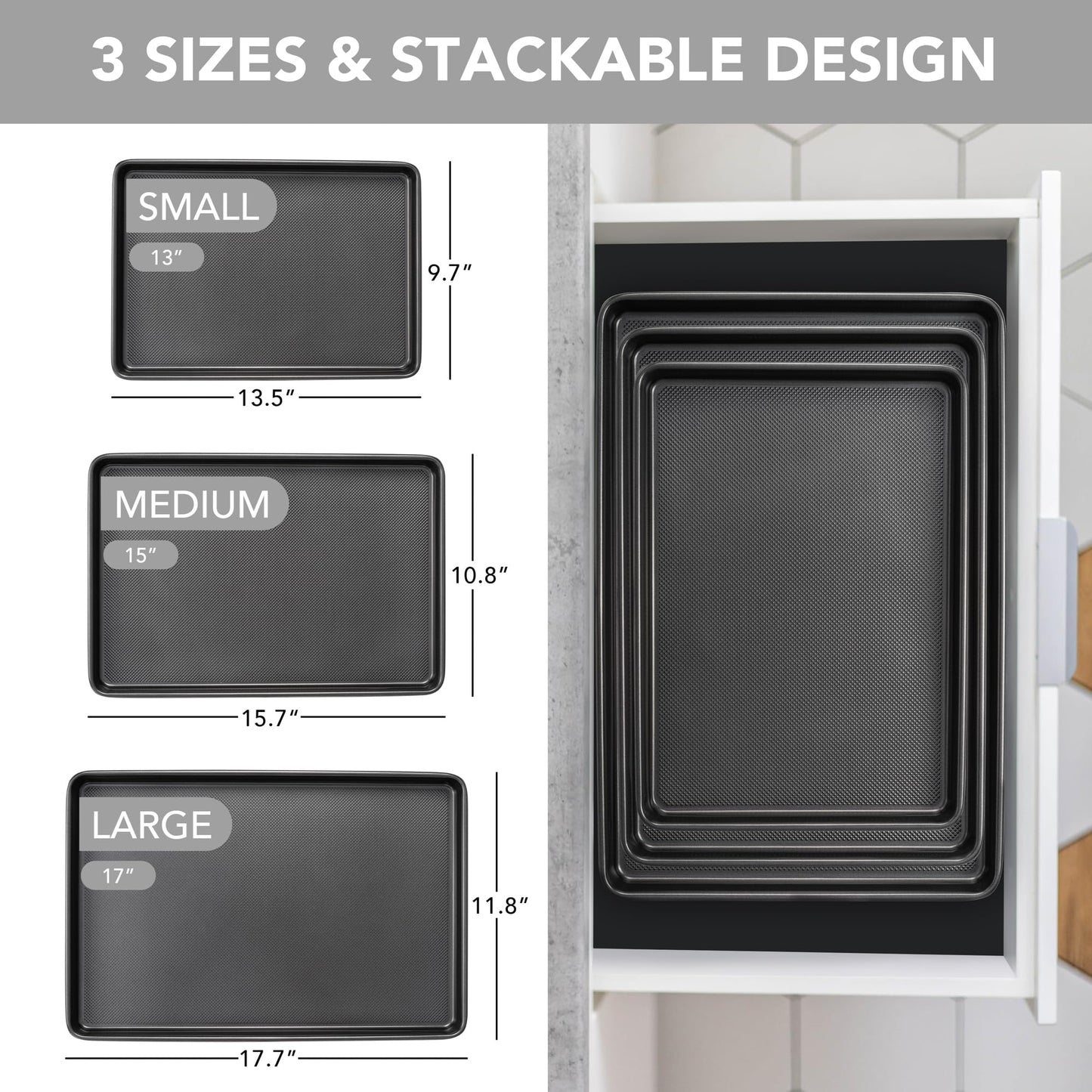 Tiawudi Baking Sheet Pan Set, 0.8mm Thick Heavy Duty Cookie Sheet with Diamond Texture Pattern, Nonstick Baking Tray for Oven, Carbon Steel Half, Jerry Roll Pan, Set of 3