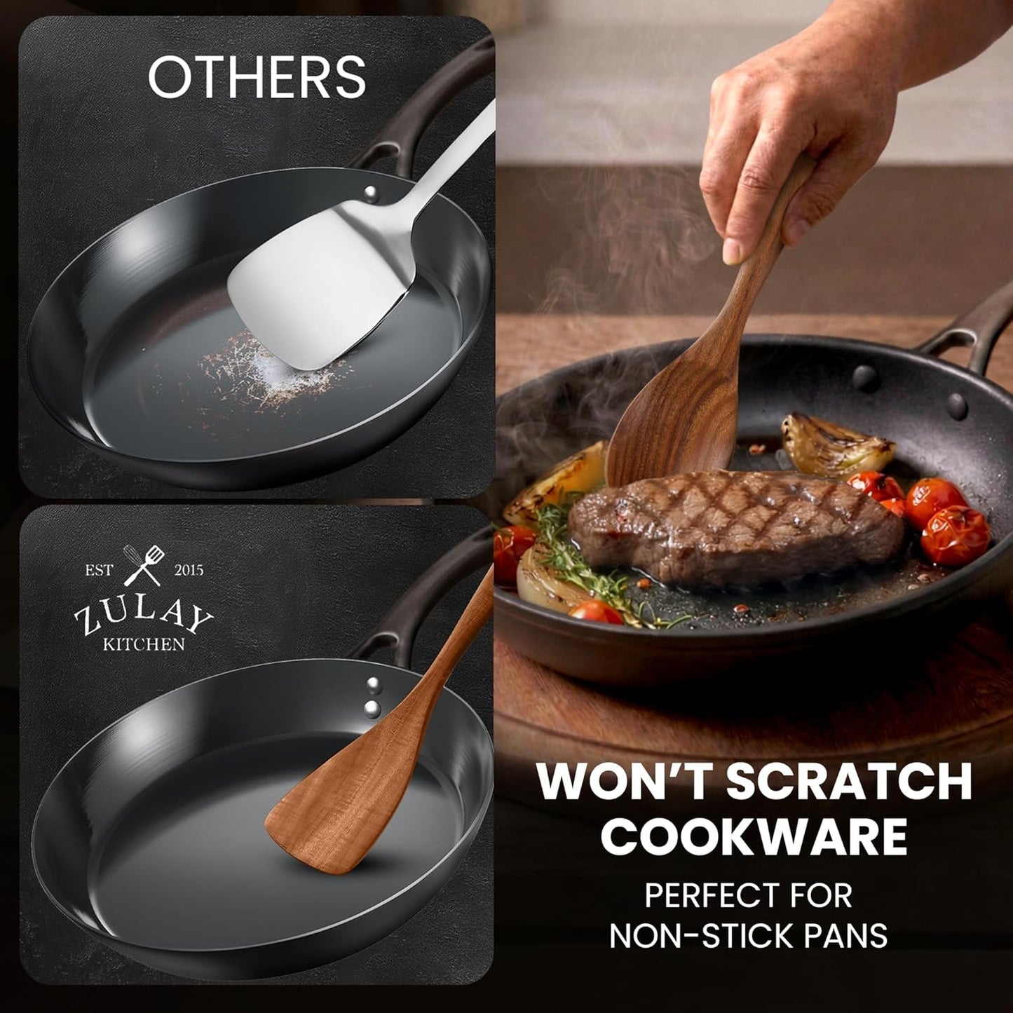 Zulay Kitchen Wooden Cooking Spoons Set - 6 Durable Teak Utensils, Easy to Clean, Comfort Grip