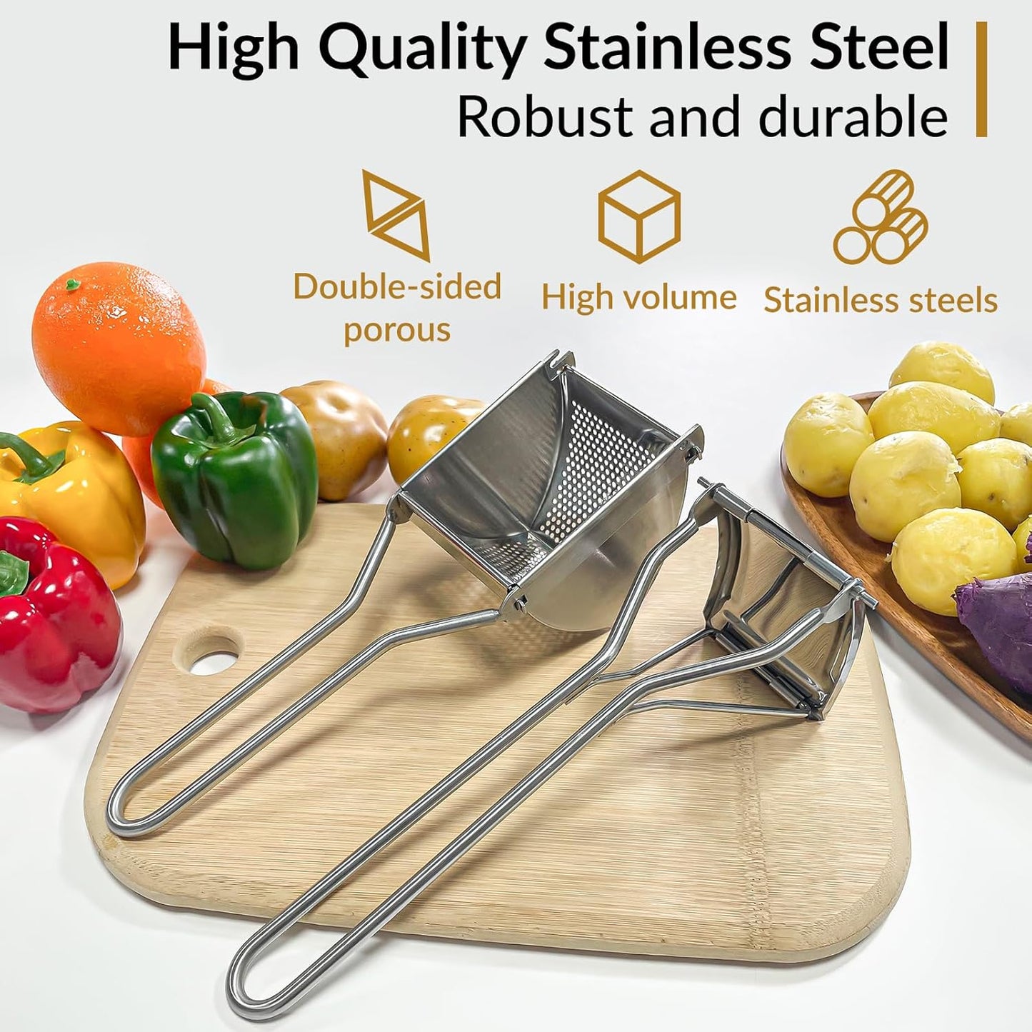 Skiennix Potato Ricer - Heavy Duty 22 oz Stainless Steel for Fluffy Mashed Potatoes | Easy Clean Handle