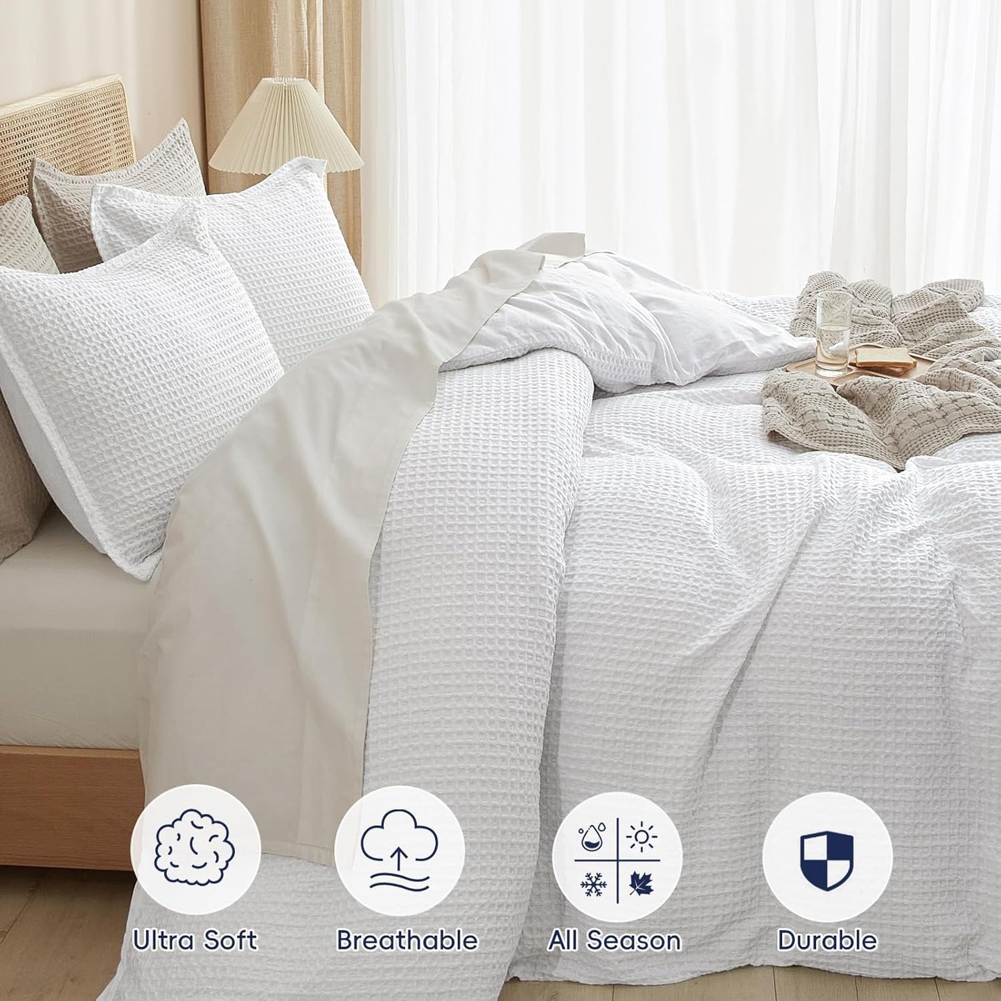 PHF Waffle Weave Duvet Cover Set - Ultra Soft Luxury Bedding for All Seasons | Queen Size, White, 3pcs