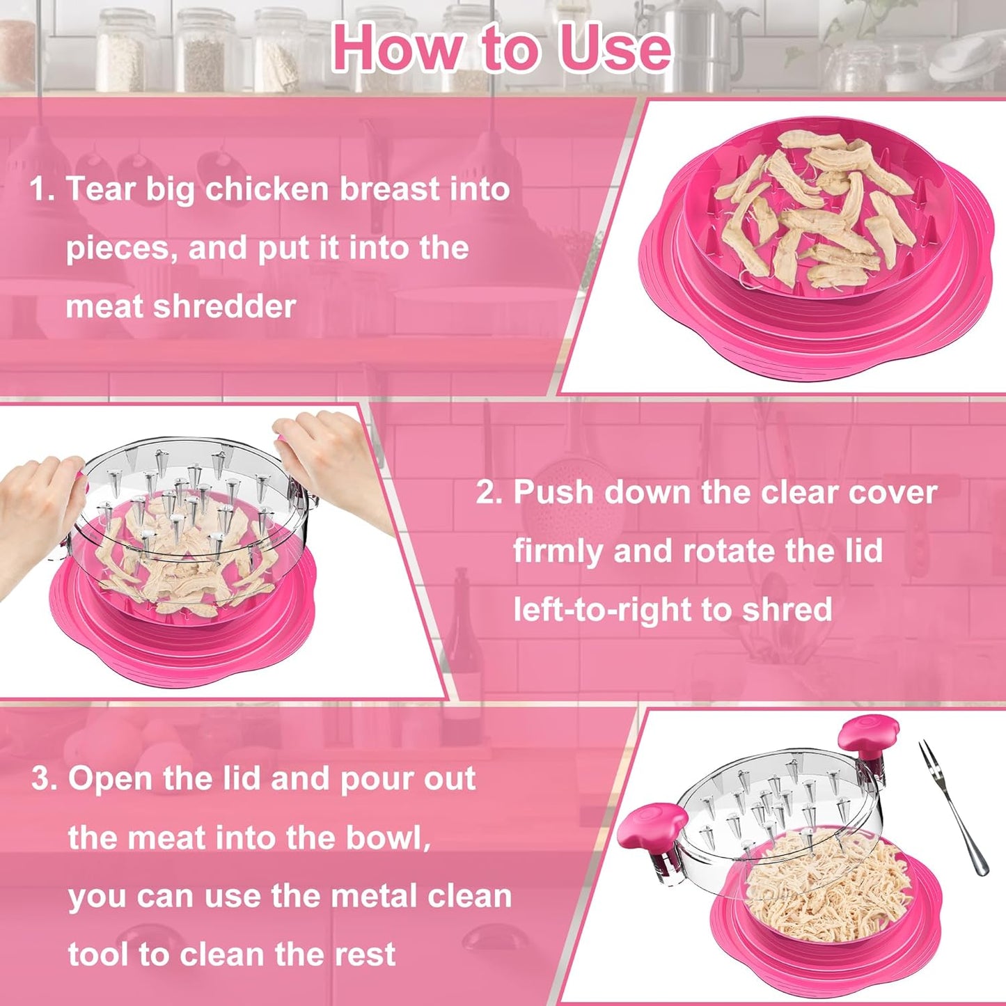 SURETIVIAN Chicken Shredder - Ergonomic Meat Shredder Tool with Brush & Fork | BPA-Free, Hot Pink