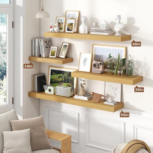 Heimlove Floating Wall Shelves - 16 Inch Oak Wood Shelves for Bathroom, Living Room & Office | Set of 2