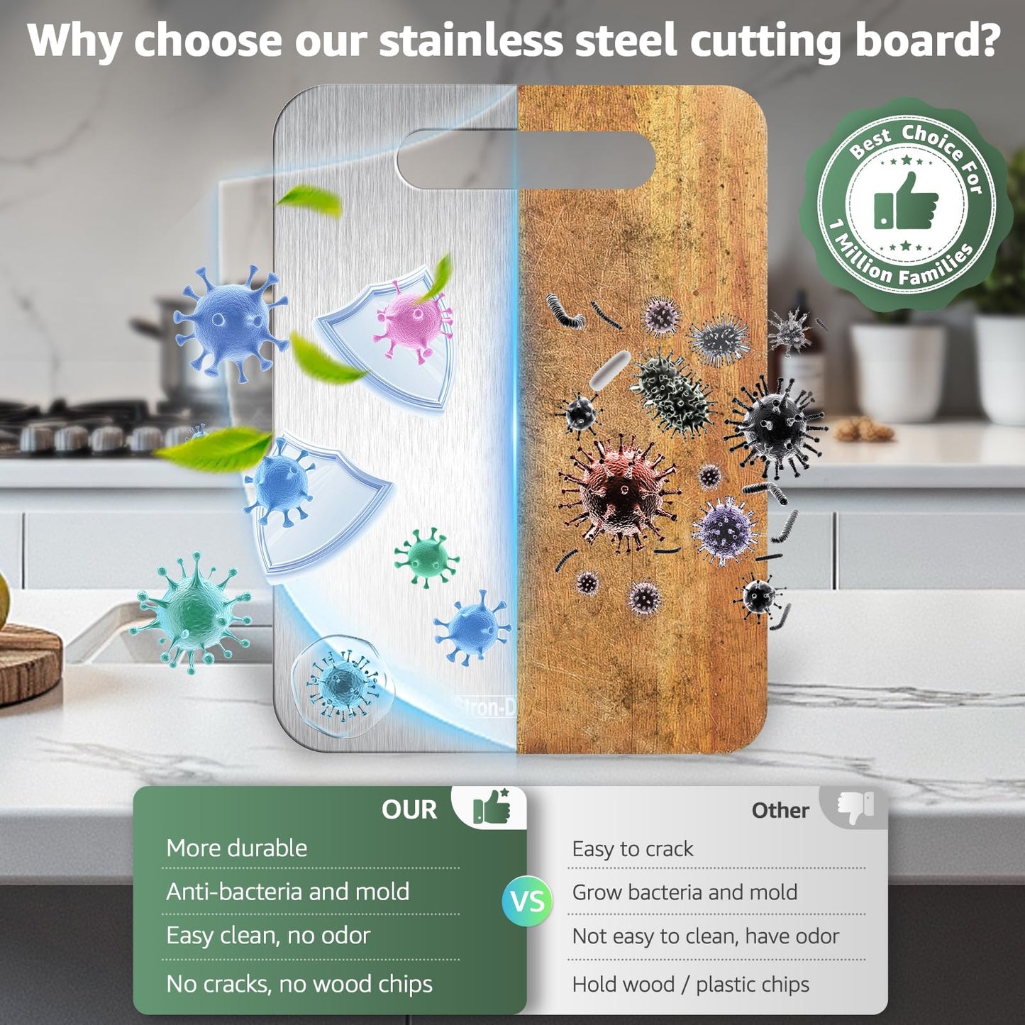 Stron-Dura Cutting Board, Stainless Steel Cutting Board, Foodgrade Cutting Boards for Kitchen, Titanium Cutting Board for Meat,Fruit, Vegetables, Double Side Use, Odor free, M, 13.4" * 9"