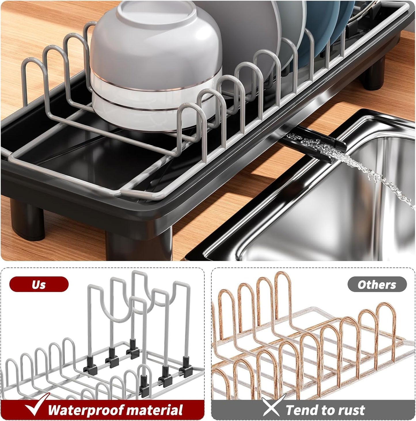 SanDream Small Dish Drying Rack - Stainless Steel with Removable Utensil Holder & Anti-Scratch Base | Space-Saving Design in Black