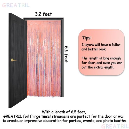 GREATRIL Iridescent Orange Tinsel Foil Fringe Curtain for Birthday Decoration Showgirl Theme Party Backdrop Streamers, 3.2 x 6.5 ft with 2 Packs