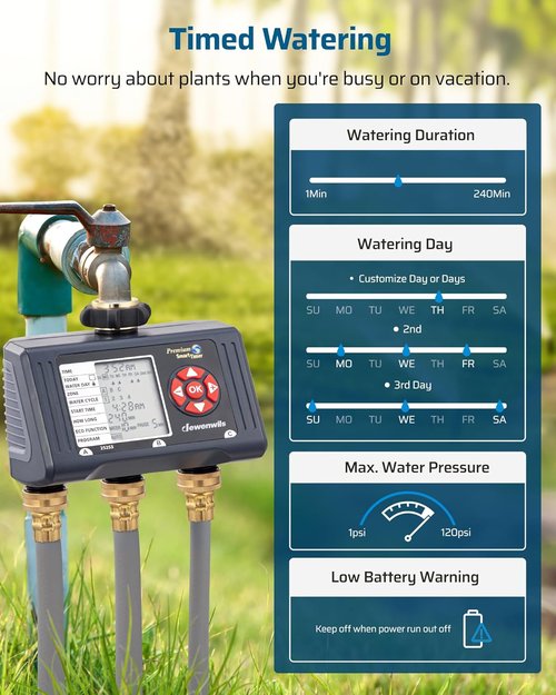 DEWENWILS 3-Zone Sprinkler Timer - Programmable Garden Irrigation System with Rain Delay & Low Battery Alert