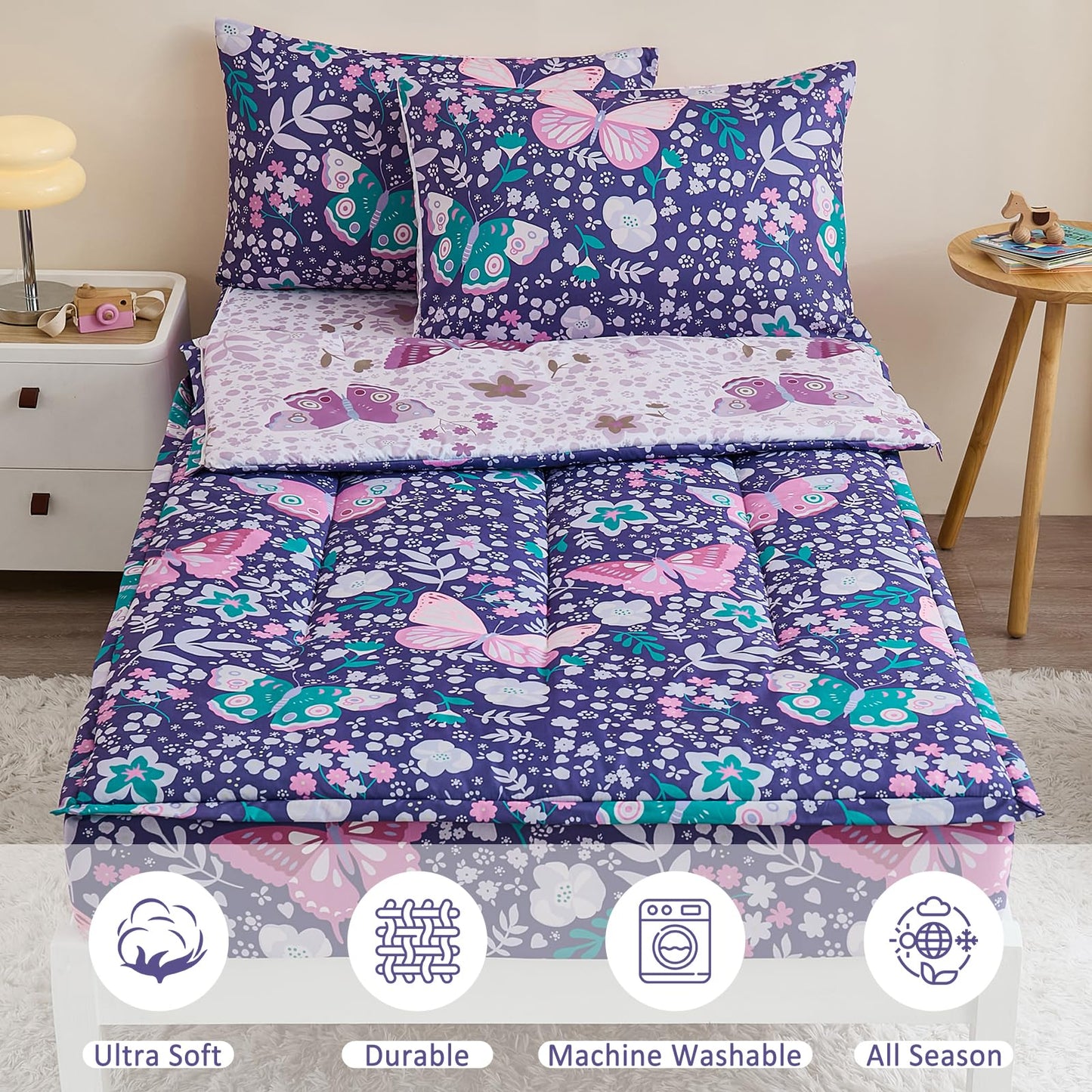 Anibedding 3Pcs Zip Up Bedding Comforter Set for Girls, Purple Butterfly All in One Zipper Twin Bedding Set with Pillowcase for Kids
