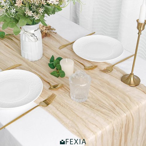 FEXIA Beige Cheesecloth Table Runner 35x120 Inches Ivory Gauze Rustic Boho Spring Easter Table Runner for Engagement Party Decorations Bridal Shower Wedding Party First Communion Centerpiece