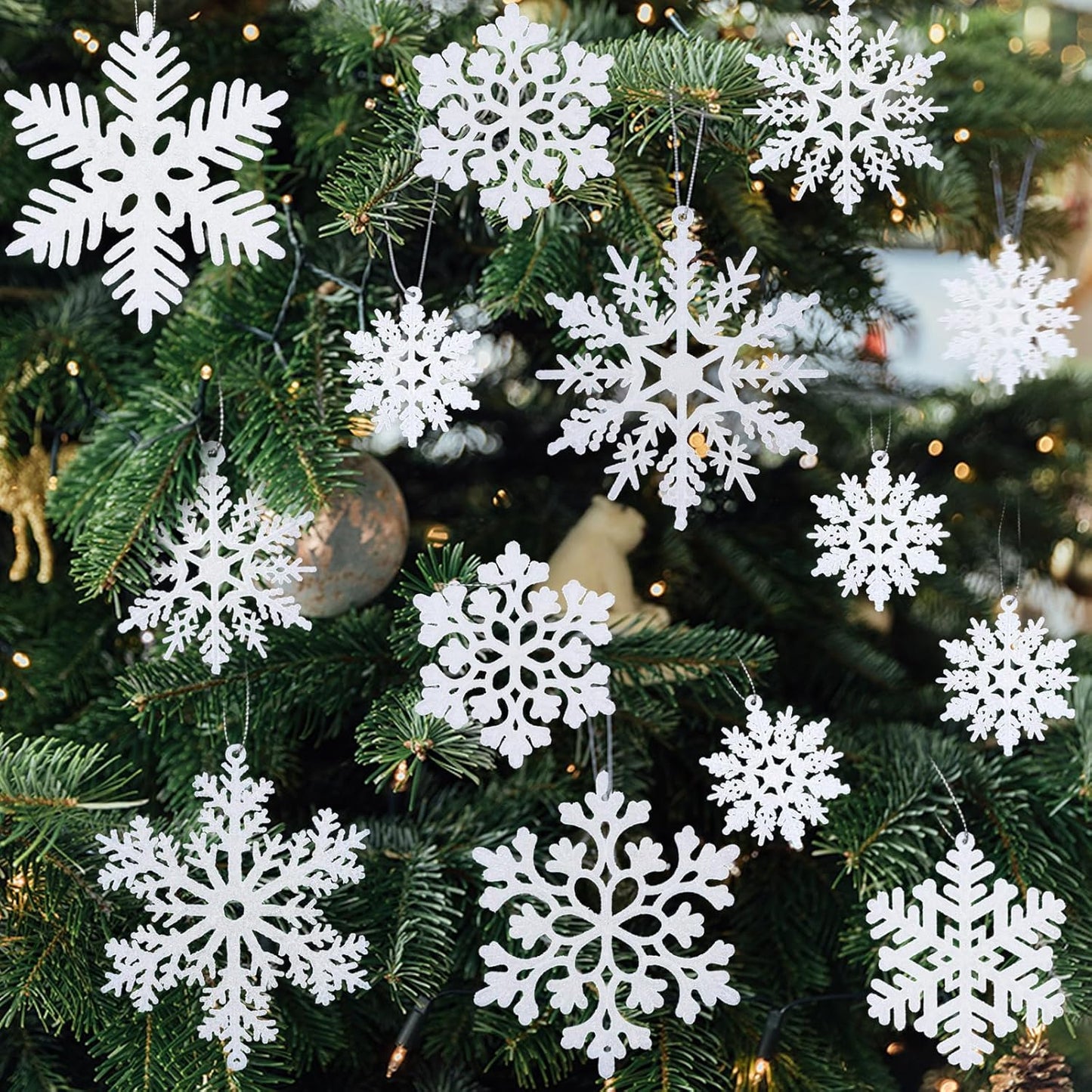 NEWMIAO Snowflake Ornaments - 36pcs Glitter Plastic Christmas Tree Decorations | 5 Unique Patterns