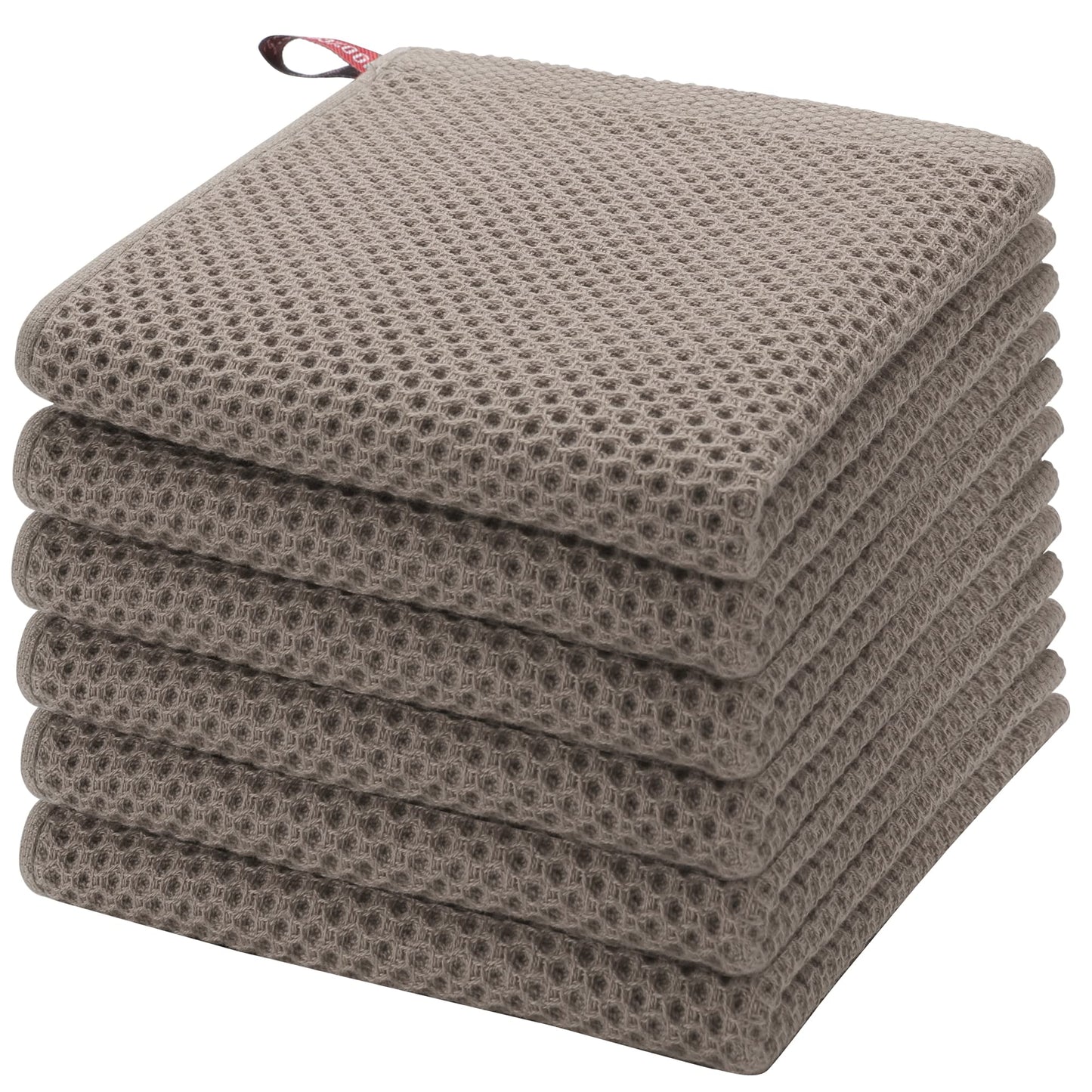 PiccoCasa 100% Cotton Dish Cloths Rags - Waffle Weave Kitchen Towels for Washing Dishes - Soft Absorbent Dish Towels for Kitchen Drying - 6 Pack -13 x 13 Inch - Brown