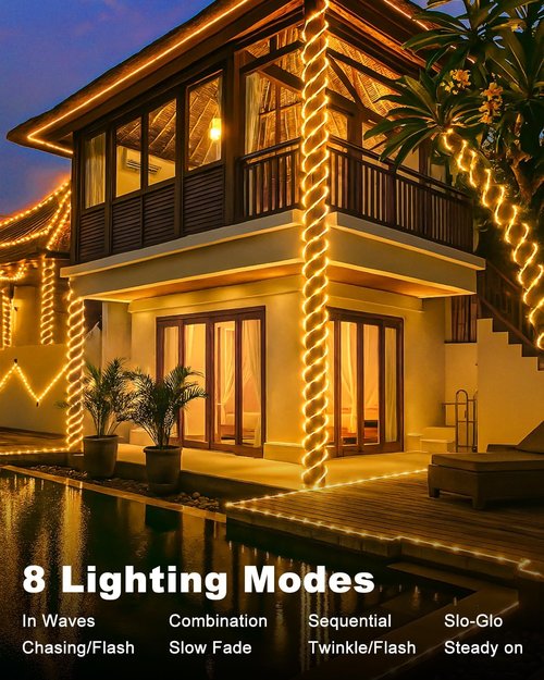Btfarm Solar Rope Lights - 120 LED 46FT Waterproof Outdoor String Lights | 8 Lighting Modes for Garden, Patio, Wedding Decor - Warm White