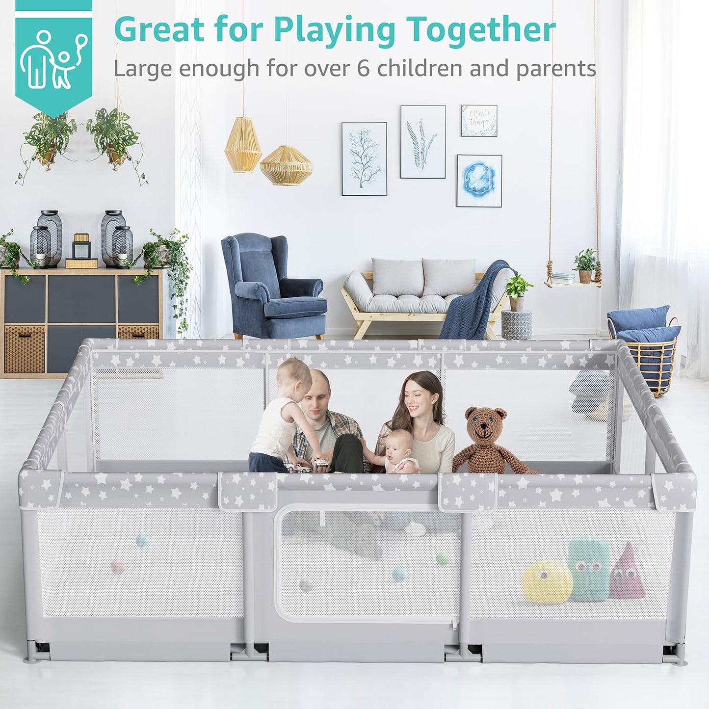 Large Baby Playpen by [Brand Name] - 70x59in Giant Indoor Play Yard for Babies 6-12 Months | Grey