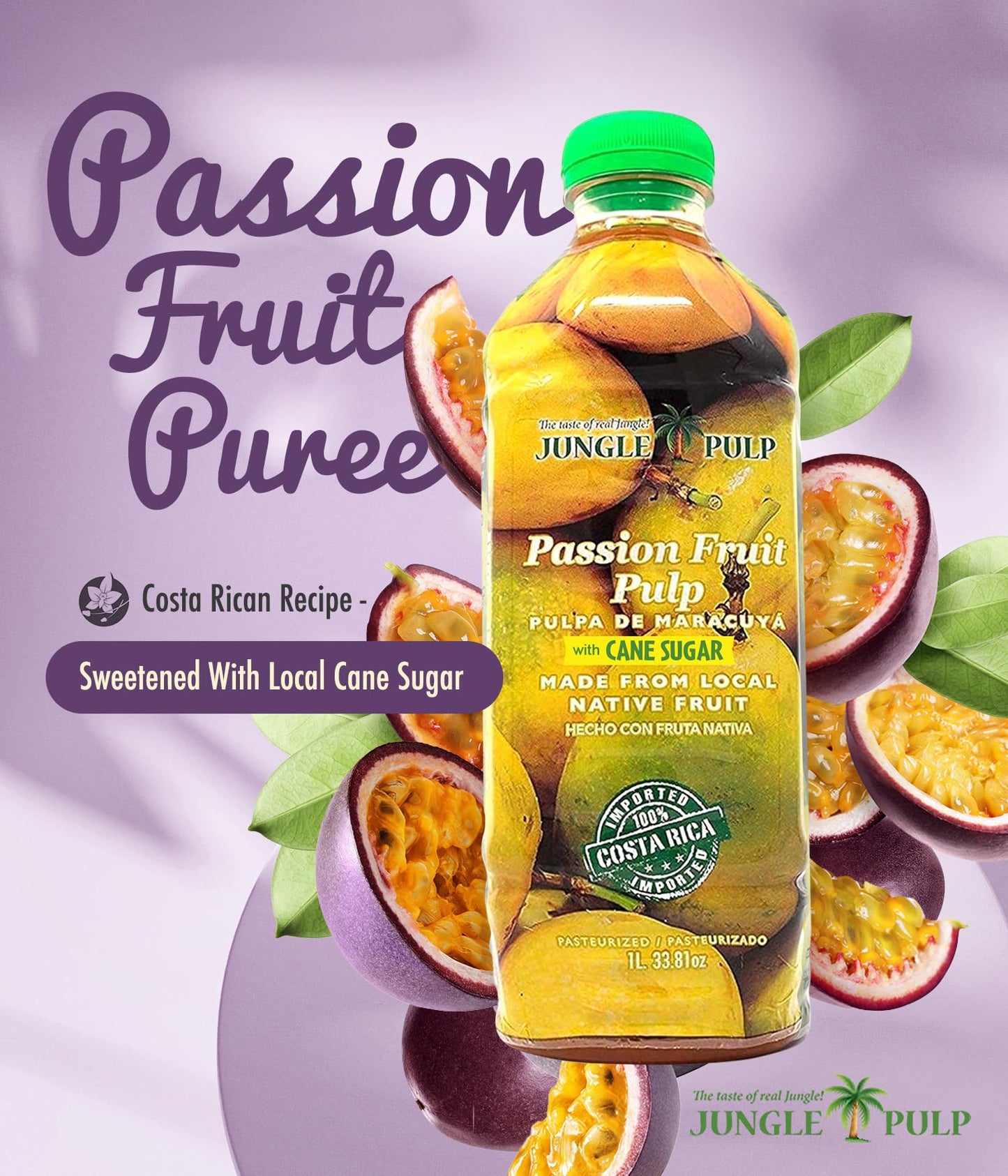 Jungle Pulp Passion Fruit Puree Costa Rica Blend, Topping, Flavoring, Better Than Syrup, For Cocktails, Pastries, Smoothies and Cooking 33.8oz/1 Liter.
