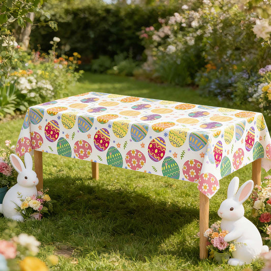Qpout 3 Pack Easter Tablecloths,Disposable Happy Easter Bunny Table Cover with Colorful Eggs & Flowers, 54x108 Inch Rectangular Plastic Table Cloth for Easter Table Decorations, Spring Party Supplies
