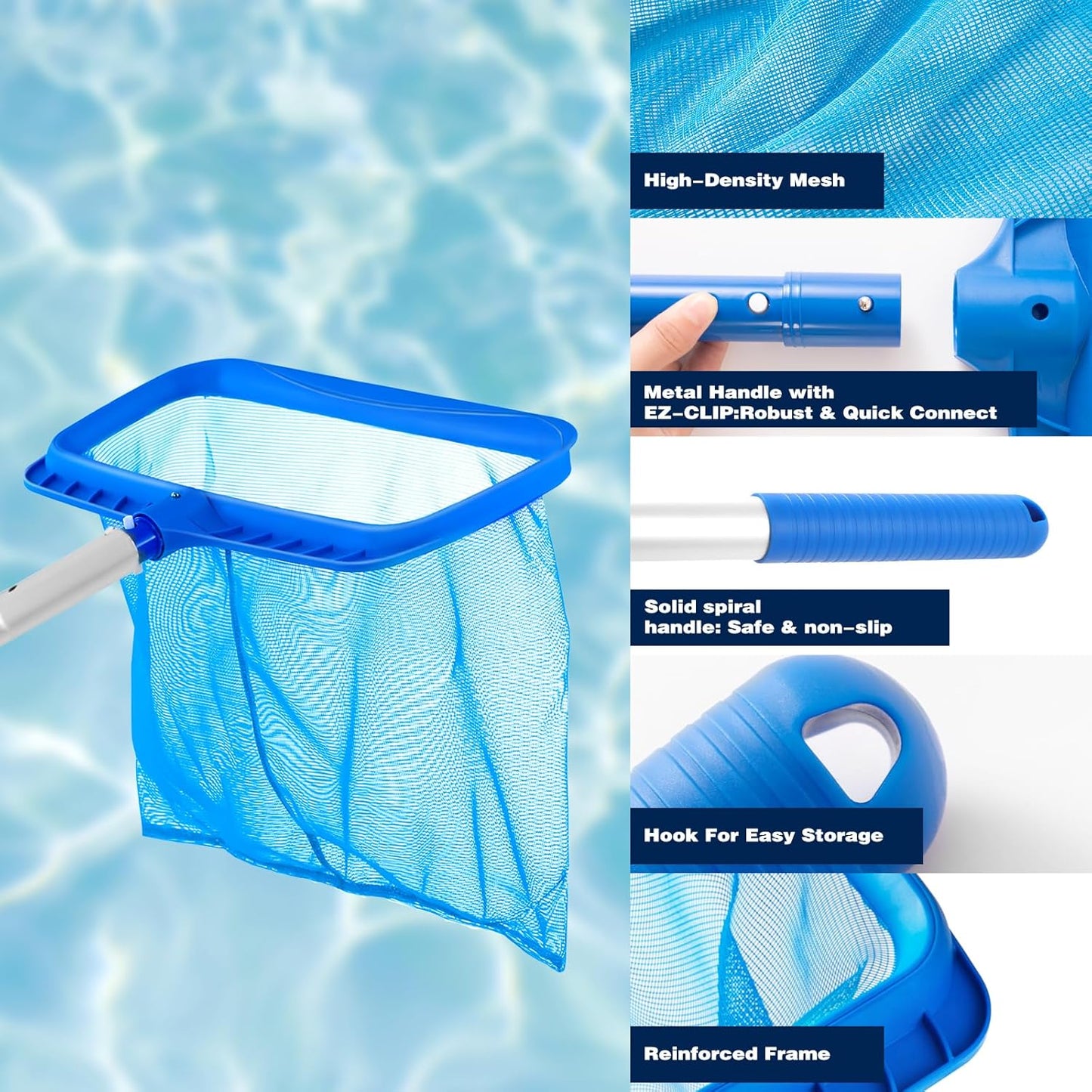 Pool Skimmer | Adjustable Telescopic Pole 26.4"-66.5" & Fine Mesh Net for Efficient Cleaning