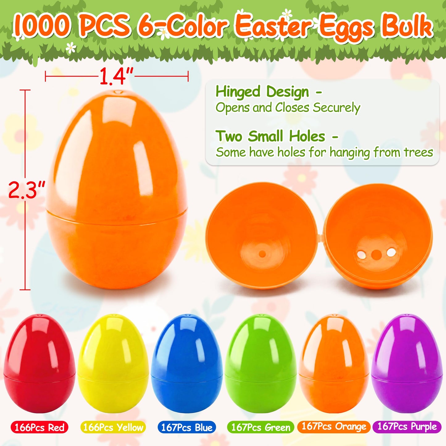 kortes 1000pcs Plastic Easter Eggs, 6 Colors 2.3" Empty Fillable Eggs Bulk for Easter Basket Stuffers Easter Eggs Hunts Party Favors, Classroom Prize Supplies (1000)