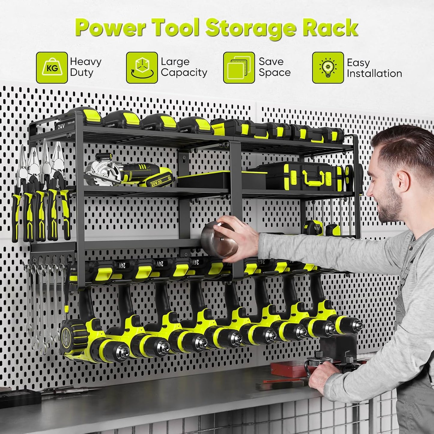 POKIPO 33" W Heavy-Duty Power Tool Organizer - 4-Tier Wall Mount Storage for 8 Drills & Batteries | Garage Utility Rack