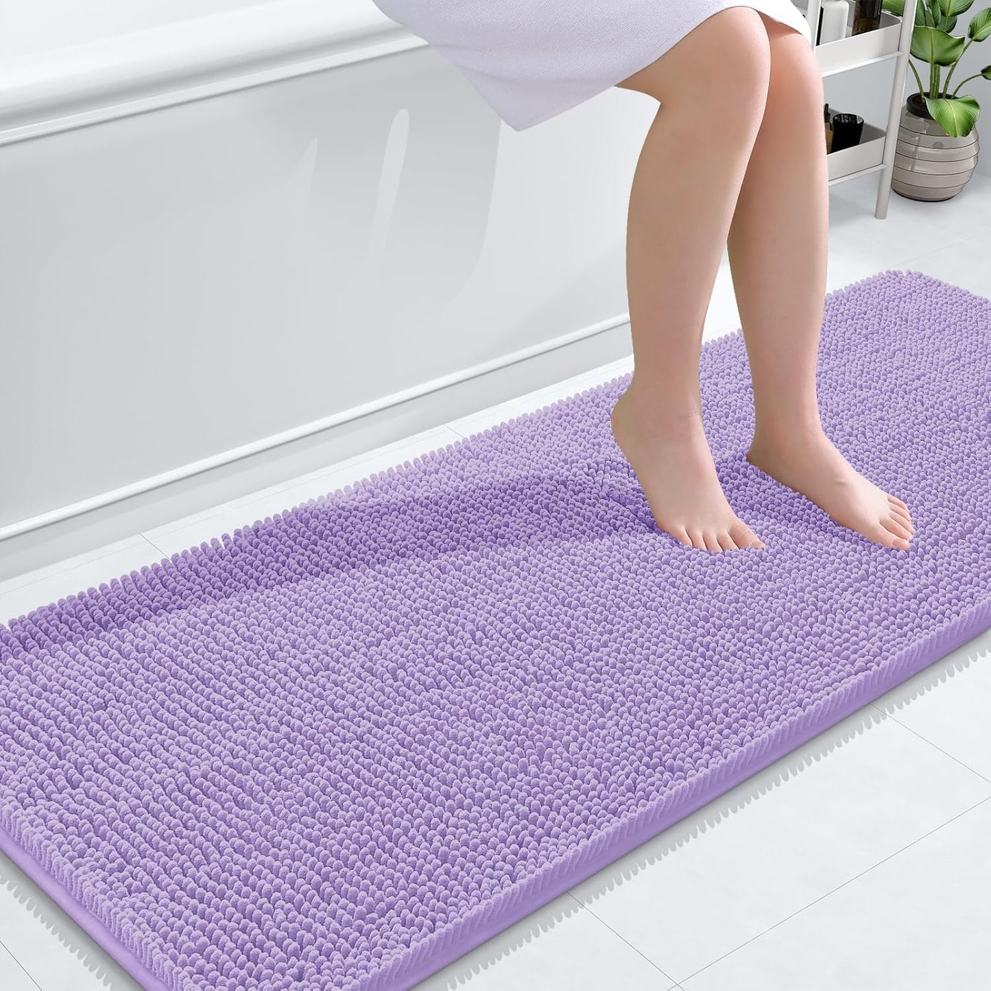 OLANLY Bathroom Runner Rugs - Soft Absorbent Chenille Bath Mat with Rubber Backing | 59x24 Lavender