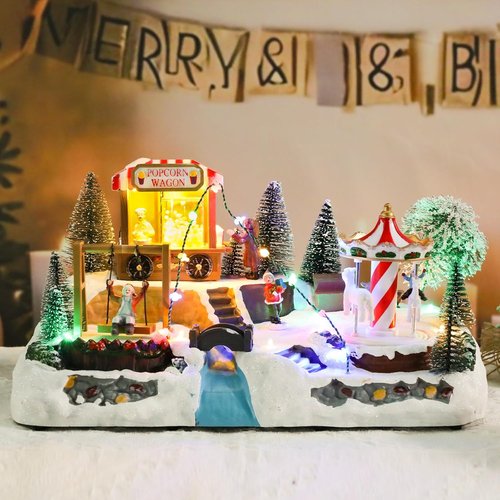 Afirst Christmas Village Houses - Lighted Collectible Figurines with Rotating Carousel & Musical Display | Indoor Decoration