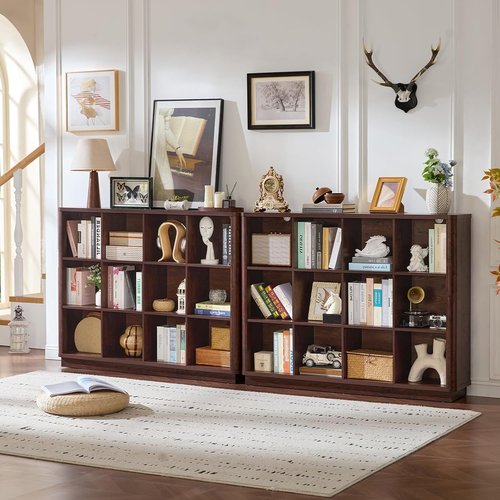 Joaxswe 12 Cube Storage Organizer - 41" Large Bookshelf with Curved Edges | Vintage Wood Bookcase in Walnut