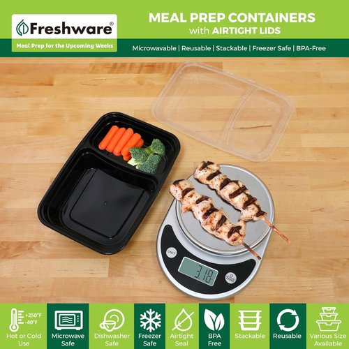 Freshware Meal Prep Containers - 150 Pack | 2-Compartment BPA-Free Food Storage Bento Boxes, Black, 28 oz
