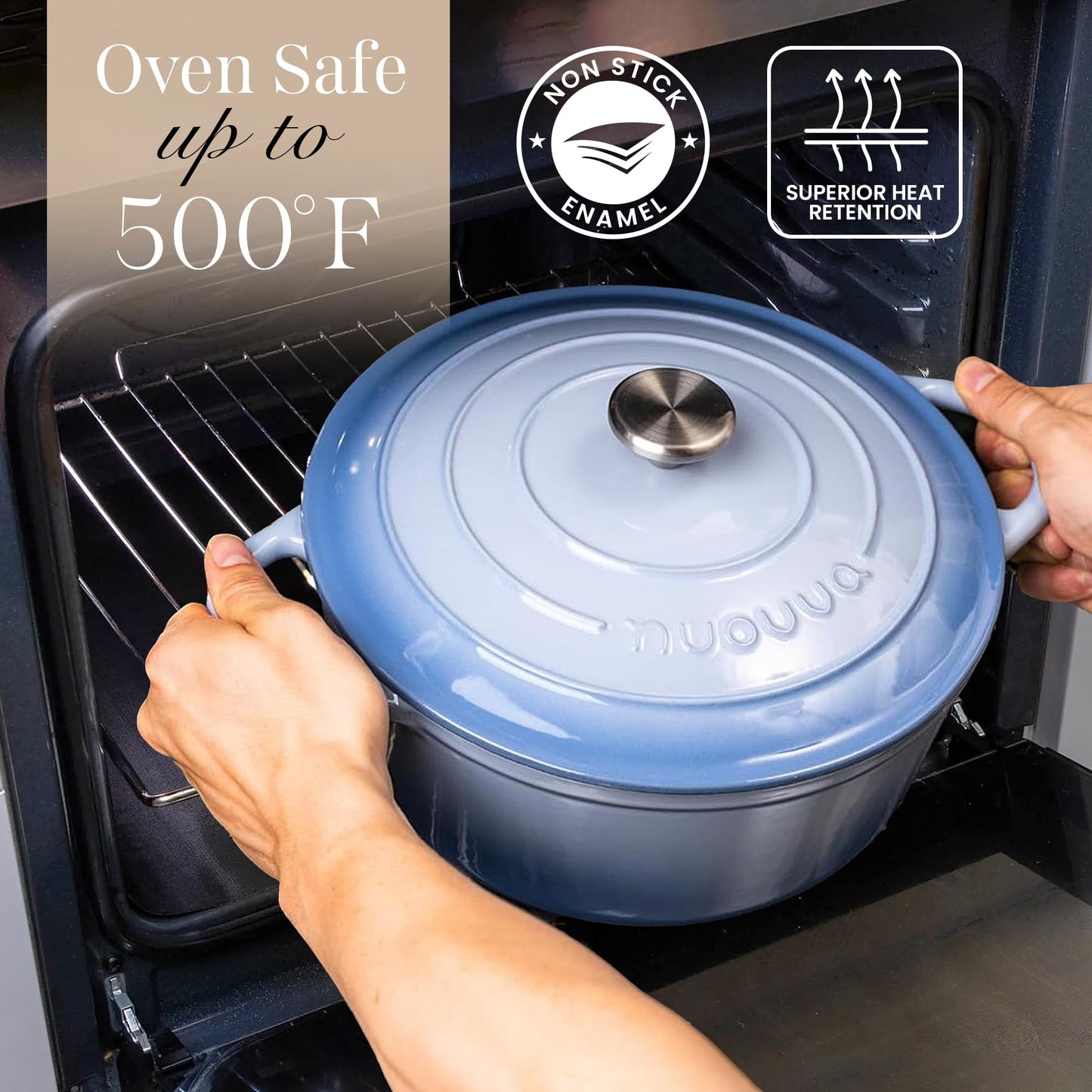 Nuovva Enamelled Cast Iron Dutch Oven Pot with Lid 6.4 Quart Non Stick Casserole Pot – Heavy Duty & Oven Safe up to 500° F for Bread Baking, Braising, Stews, Roasting – 28cm Costal Blue