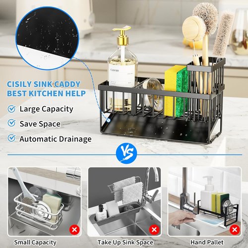 Cisily Sink Caddy - Rustproof Kitchen Organizer with Brush Holder & Self-Draining Tray | Sponge & Soap Storage