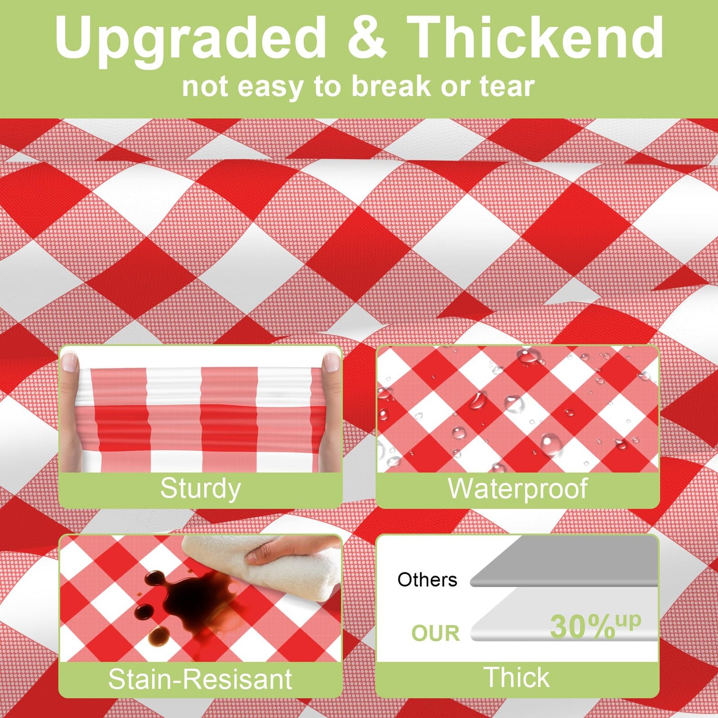 QIKSION Red Gingham Tablecloth Disposable 12 Pack, 54 x 108 Inch Red and White Checkered Table Cloth for Picnic, Outdoor BBQ Decorations, Birthday Party Supplies, Rectangle, Plastic Table Cover