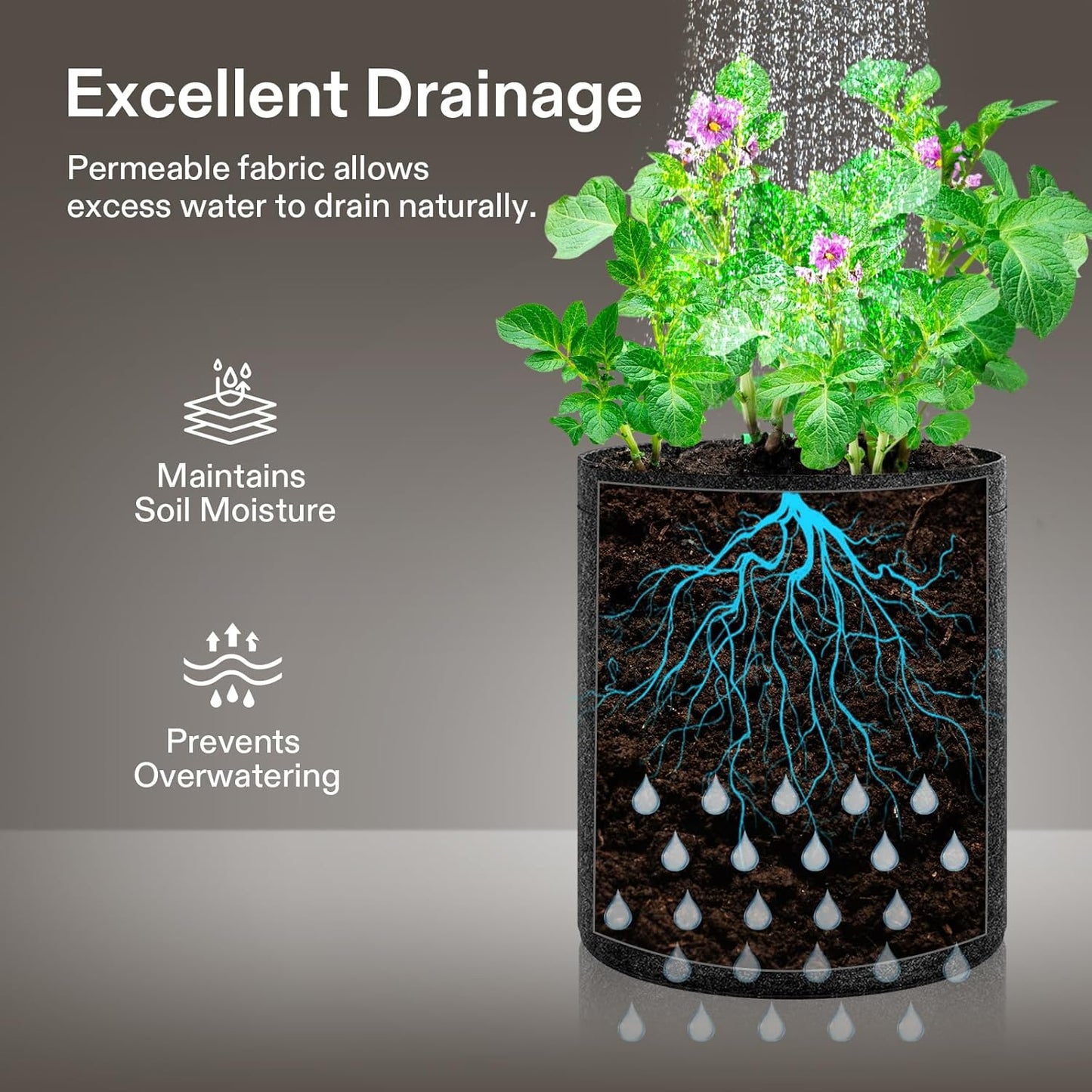 VIVOSUN 1 Gallon Grow Bags - 5-Pack Fabric Pots with Self-Adhesion Sides for Easy Transplanting