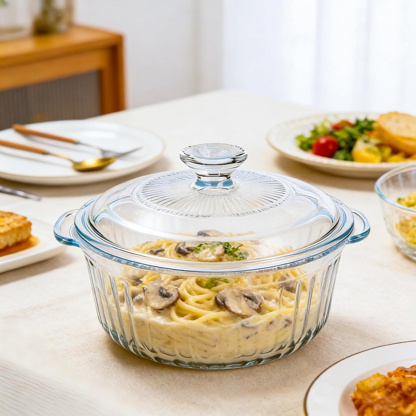 Round Glass Casserole Dish With Lid - 2.4QT Borosilicate Oven Safe Cookware - Clear Baking & Serving Dish