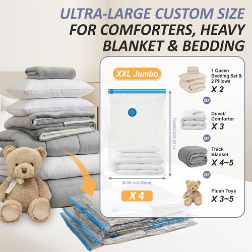 Cozy Essential Vacuum Storage Bags, 80% Compression Vacuum Seal Space Saver Plastic Packaging Bags for Clothes, Blankets, Pillow, Bedding, Comforters, Sealer Clothing Storage,4 XXL Jumbo