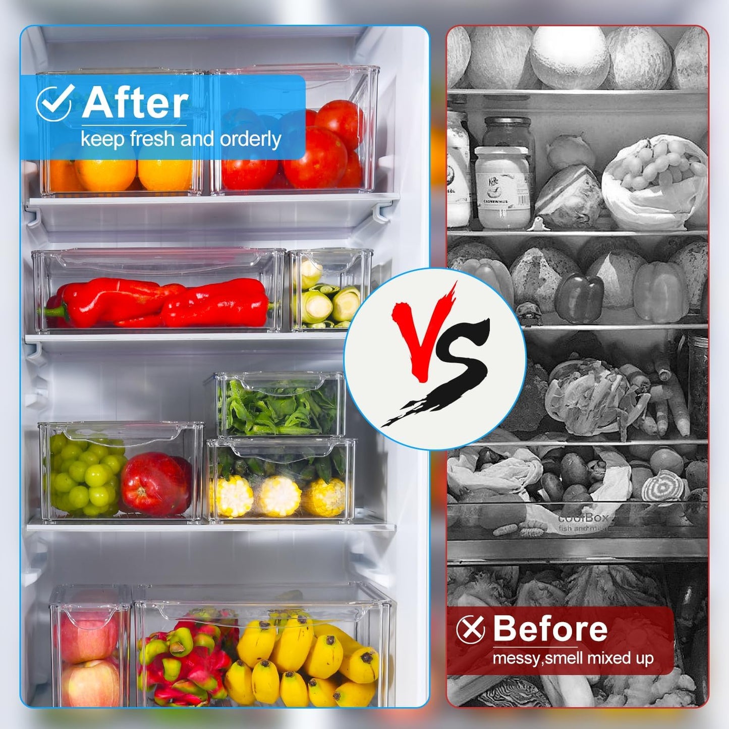 KUMD Clear Fridge Organizer Bins - 10-Pack Stackable Storage Containers with Lids, BPA-Free & Anti-Slip Base