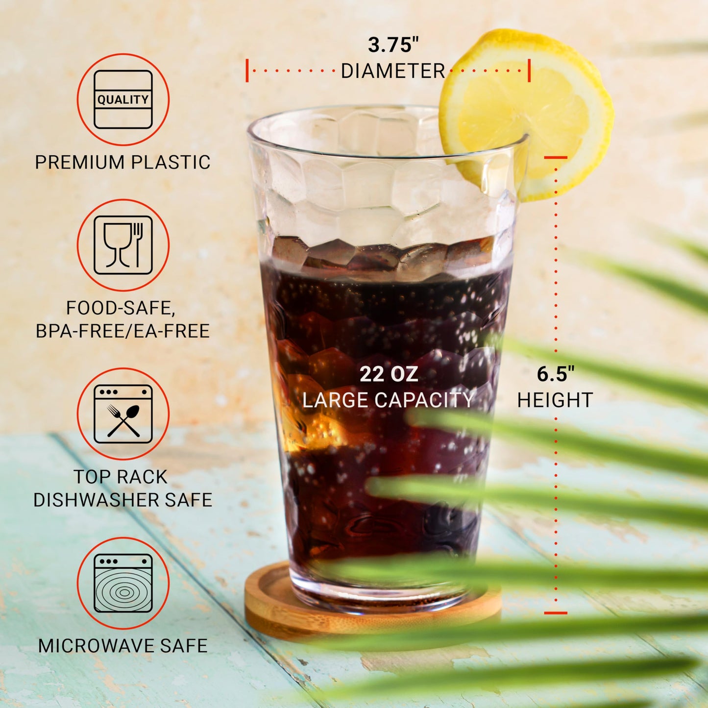 Bravario Hammered Plastic Drinking Glasses Set of 6-22 oz Clear Reusable Cups, Durable Dishwasher Safe Highball Tumblers, Stackable BPA & EA-Free