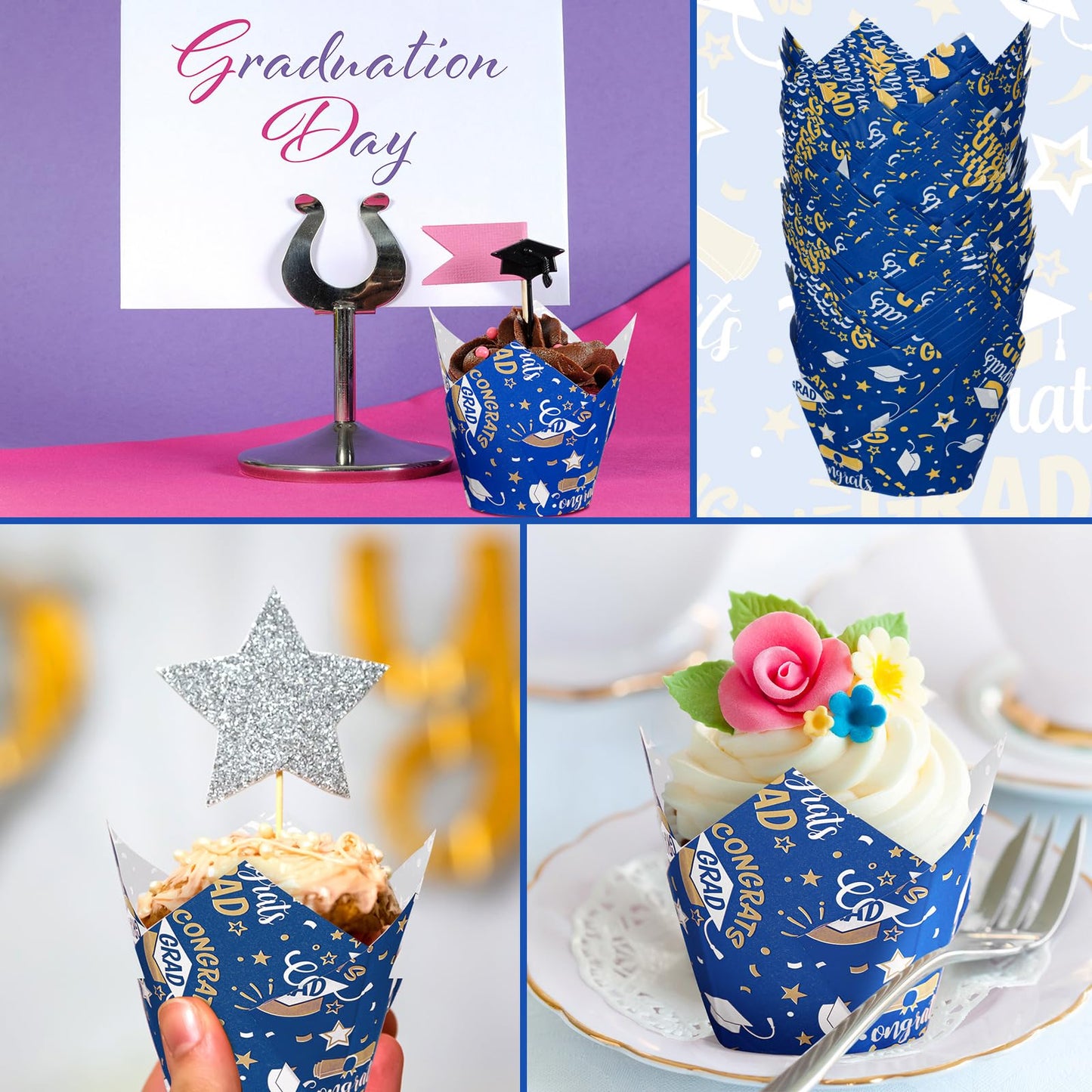 Nuenen 200 Pcs Graduation Tulip Cupcake Liners Bulk 2026 Congrats Grad Paper Baking Cup Greaseproof Muffin Liners Holders Graduation Cap Cake Paper Cup Tulip Cupcake Wrappers for Party(Blue, Gold)