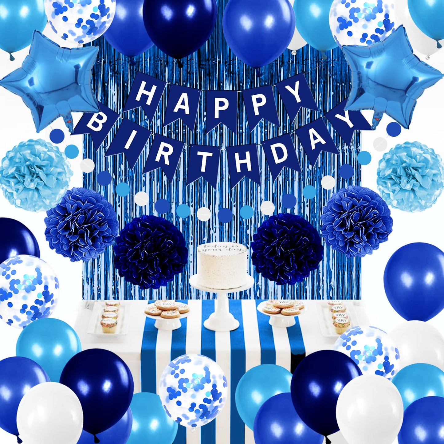 Iysoll Blue Birthday Party Decorations for Boys Men Happy Birthday Banner Balloons Navy Royal Light Blue Pom Poms Foil Curtain Décor Party Decorations for Baby Boy
