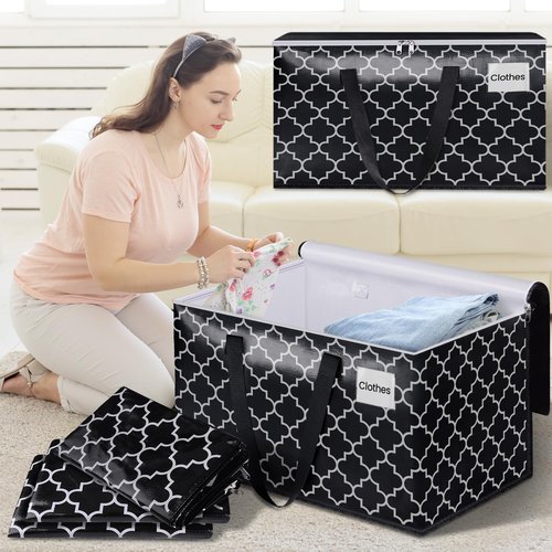 HomeHacks Heavy Duty Moving Bags with Tag Pockets, Collapsible Storage Totes for Moving, Camping & Travel -Foldable Packing Boxes, Zipper Handles, Black（6 Packs, 88L）