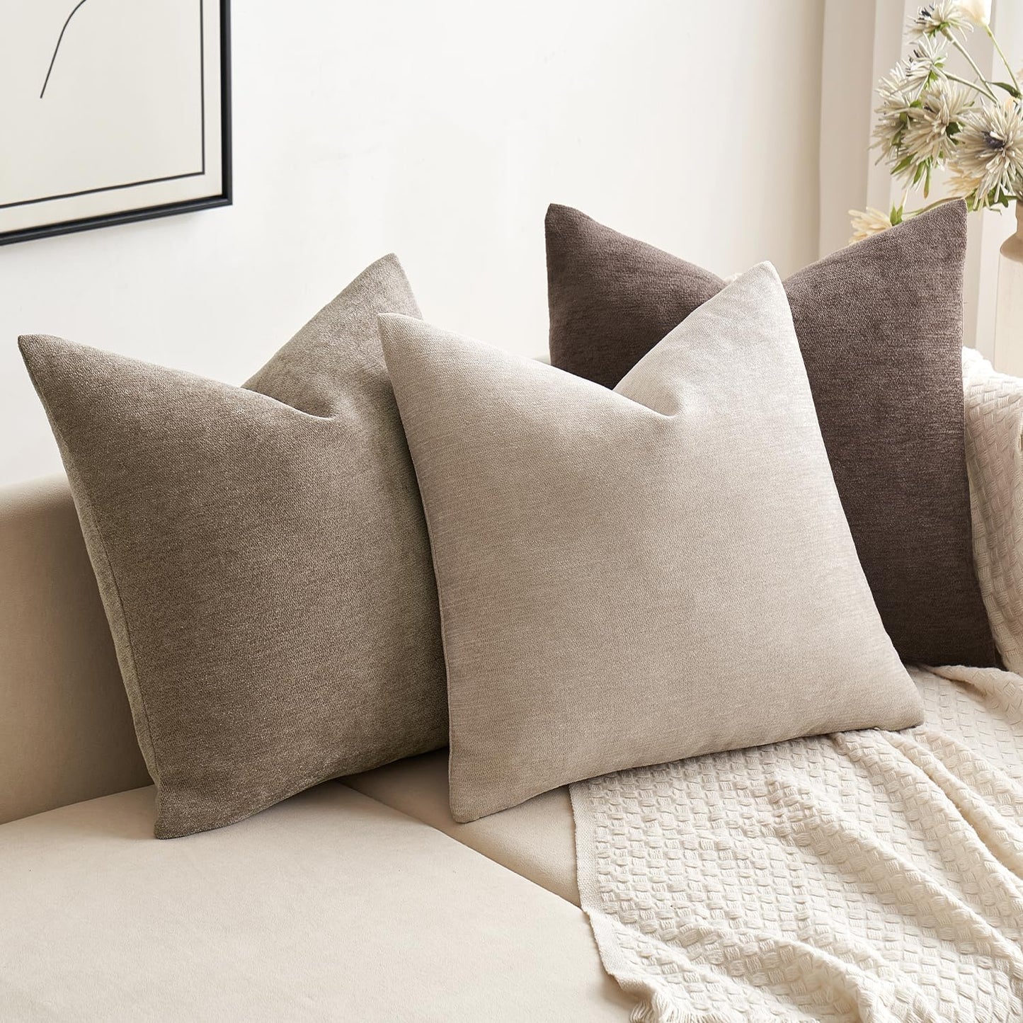 MIULEE Decorative Pillow Covers - Soft Chenille Farmhouse Cushions | Pack of 2, 18x18 Inch, Dark Brown