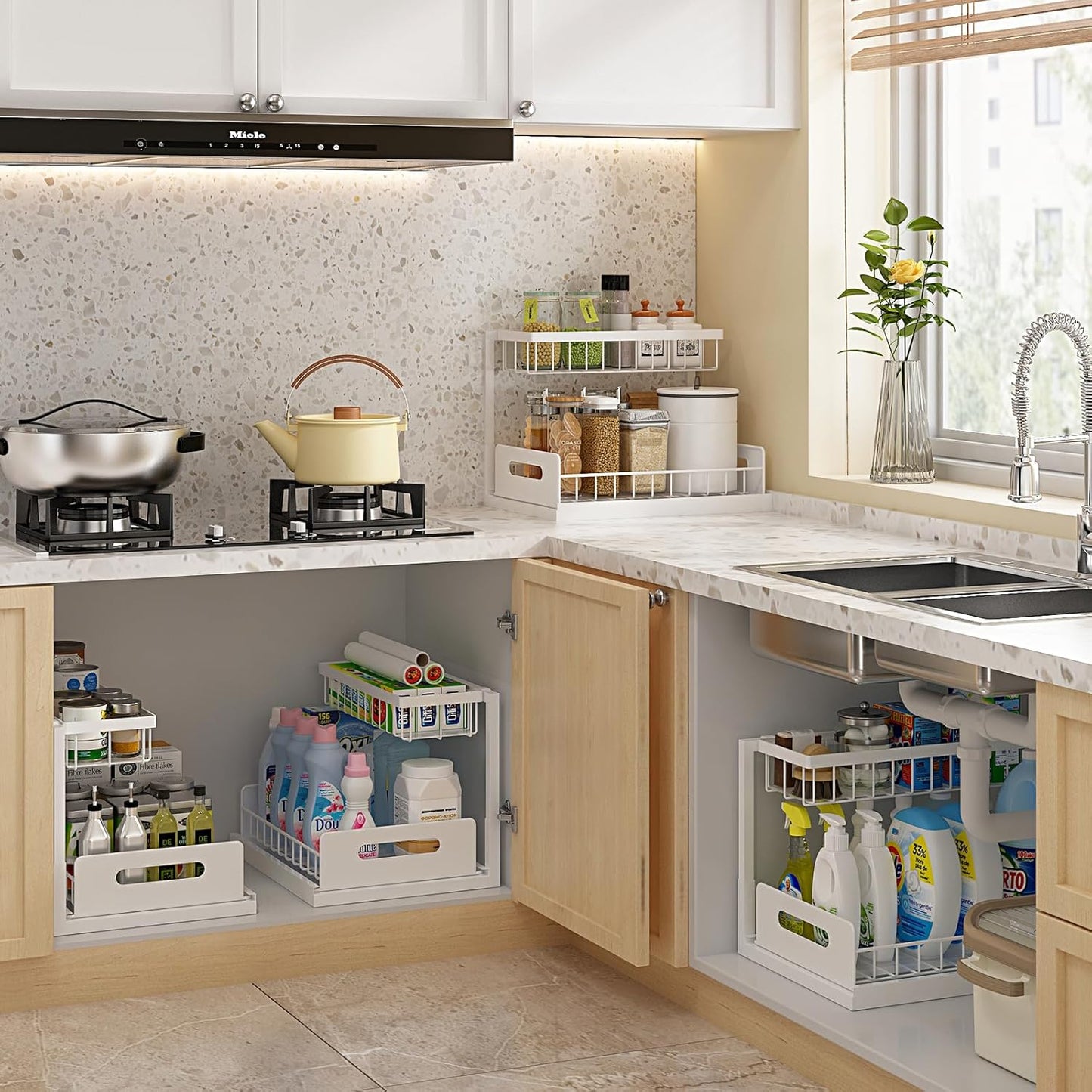 REALINN Under Sink Organizer - 2-Tier Pull-Out Cabinet Storage Shelf for Kitchen & Bathroom - White, 1 Pack