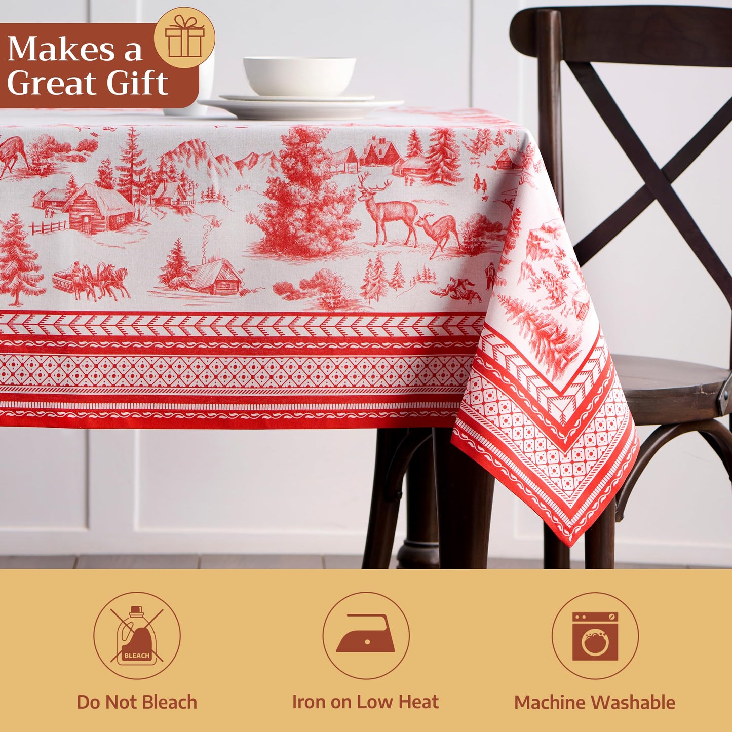 Maison d' Hermine Table Cloth Square Table 100% Cotton 60 x 60 Inches Fall Tablecloth Reusable Everyday Use for Thanksgiving Christmas Decorations Dining Farmhouse Party (Winter Jouy)