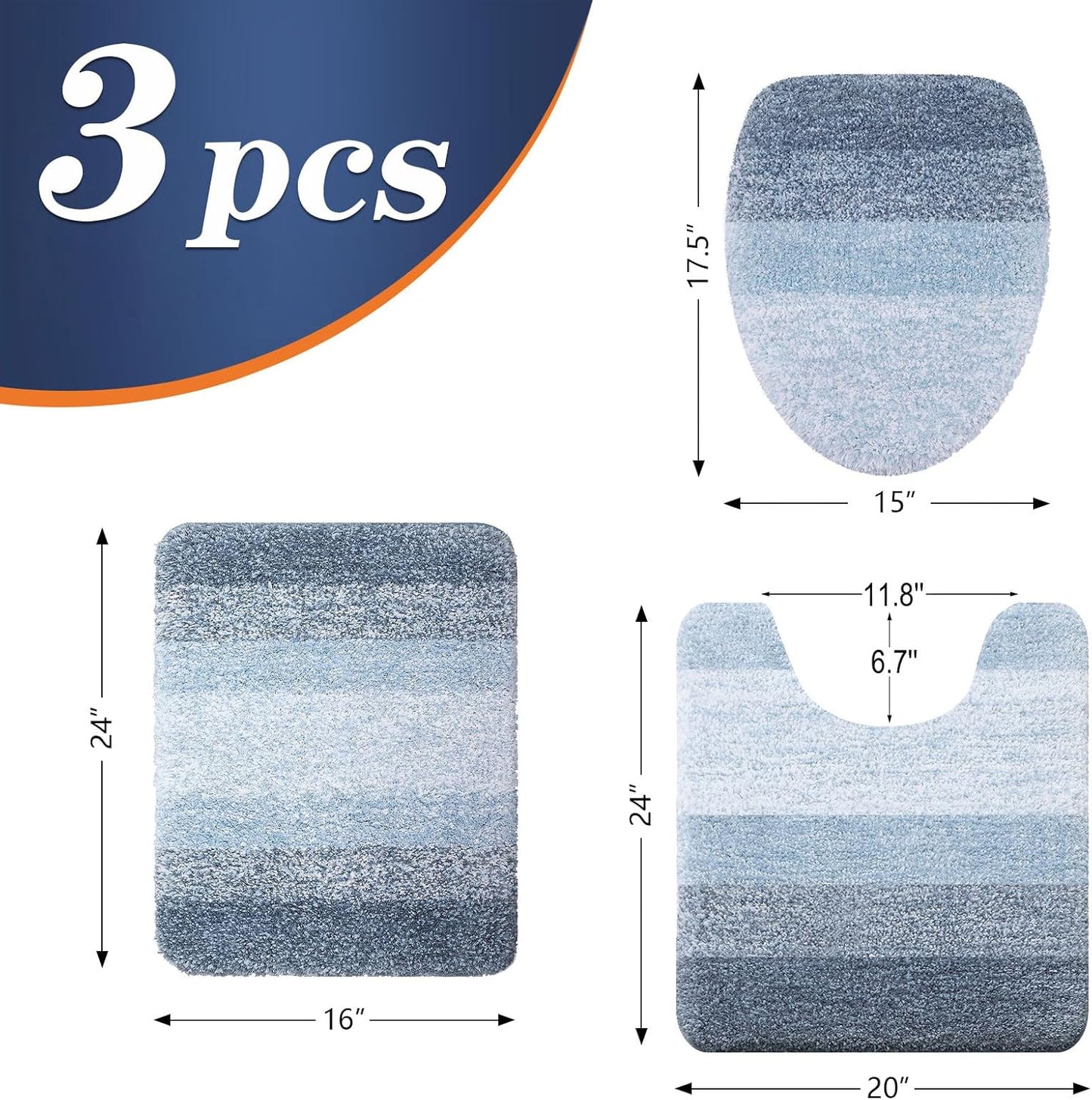 OLANLY Bathroom Rug Set - Soft Microfiber Absorbent Mats | U-Shaped Contour & Toilet Lid Cover - Blue