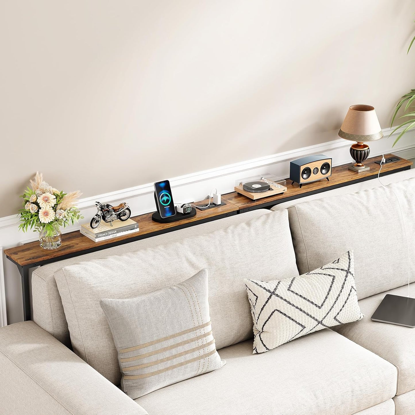Kitstorack Narrow Console Table - Adjustable Height (25"-33") with 2 Power Outlets | Rustic Brown, 78.8" Long x 5.9" Wide