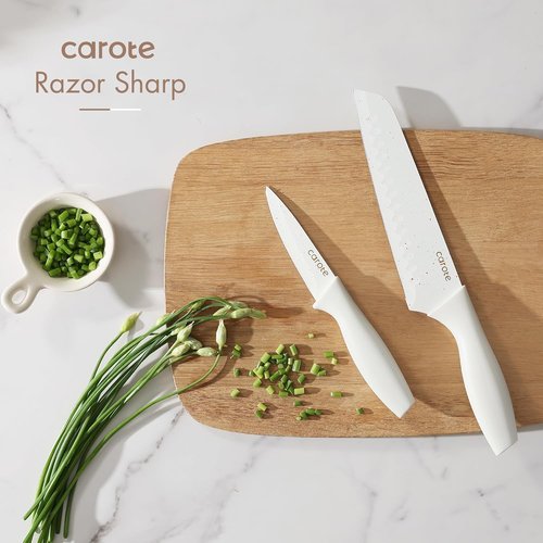 CAROTE 15-Piece Knife Set - Elegant White Ceramic-Coated Blades with Stylish Wooden Block for Modern Kitchens