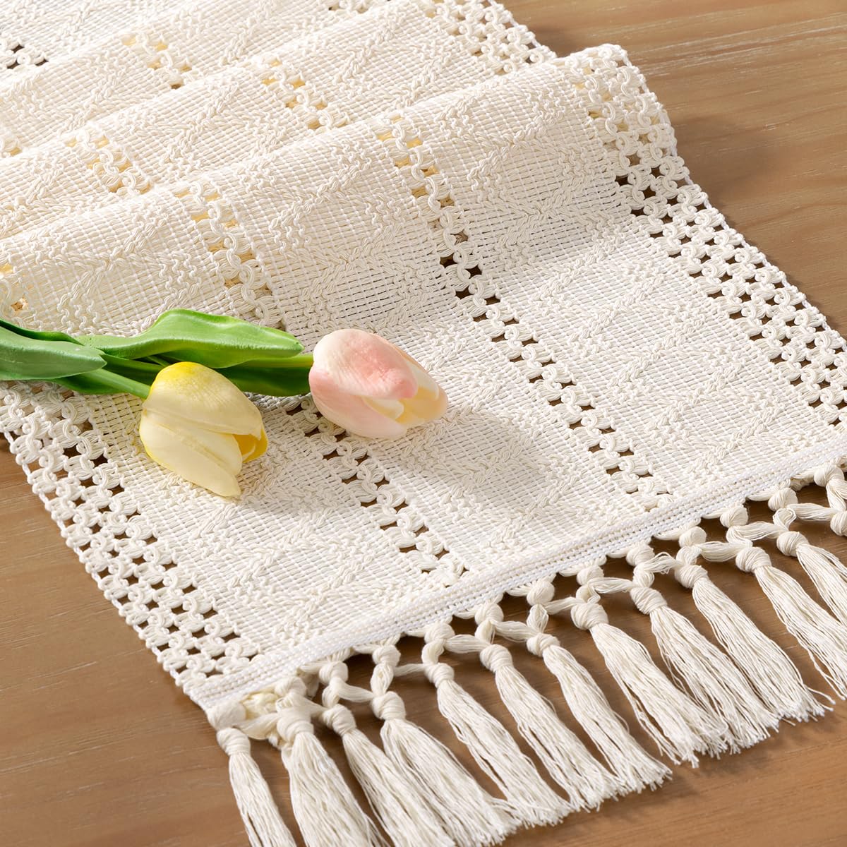 Socomi Boho Table Runner Summer Farmhouse Rustic Dining Kitchen Centerpiece Decor Small Macrame Woven Cotton Linen Coffee Table Runner for Dresser Scarf Home Decor 12x36 inch Cream Ivory