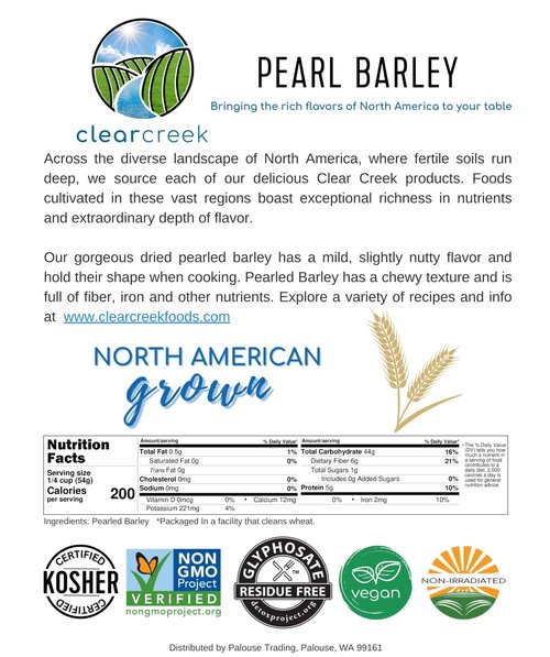 CLEAR CREEK Certified Glyphosate Residue Free Pearl Barley | 4 LBS Drawstring Bag | Non-GMO | Kosher | Vegan | Non-Irradiated