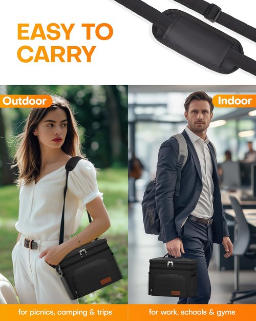 HOTOR Insulated Lunch Box for Men & Women - Leak-Proof Cooler Lunch Bag with 4 Pockets, Adjustable Strap, Ideal for Work, Picnic, Travel - Large, Black, 13.0"×7.9"×9.1"