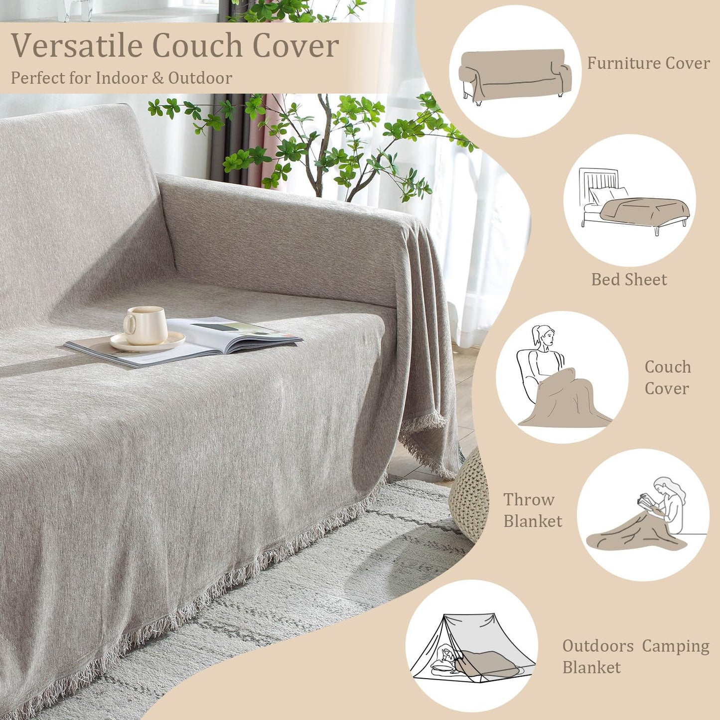 Foreate Extra Wide 91"x134" Chenille Sofa Cover Water Resistant Sofa Covers Washable Sectional Couch Covers for 2 3 Cushion, Tassel Edge Durable Couch Protector for Dogs (Khaki, 91"x134")