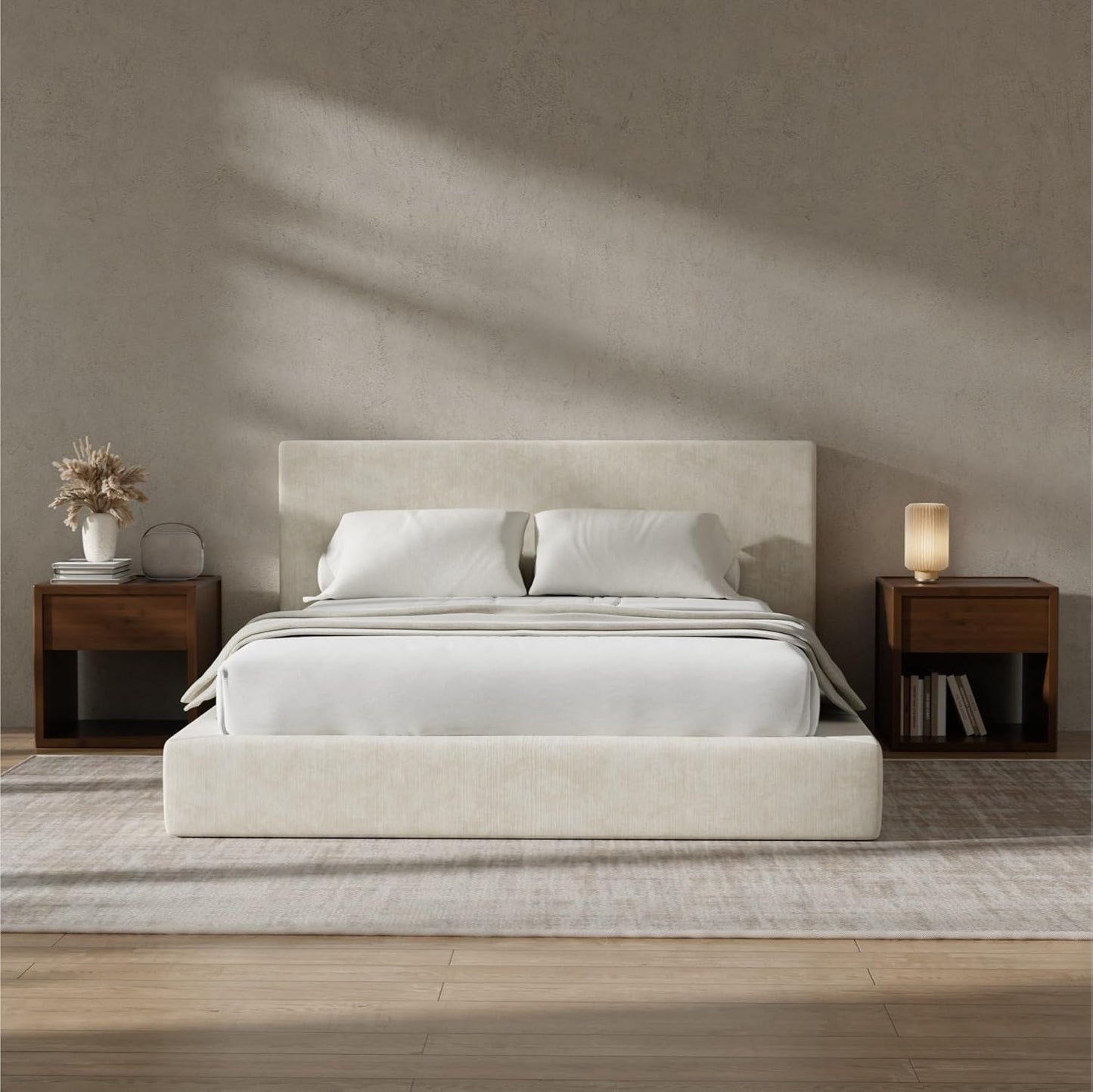 RECCI AirFrame Queen Bed Frame - Cloud Upholstered Platform with Headboard, 5-Inch Foam Cushioned, Easy Assembly | Beige Chenille